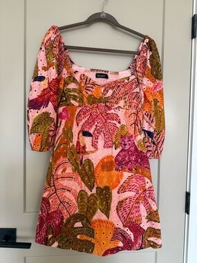 Kourt Pink Tropical-Print Mini Dress with Puff Sleeves